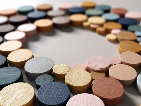 Diverse colored wooden circles arranged into one harmonious circular pattern on a neutral background, symbolic equality, unity and inclusion, sophisticated Martin Luther King Jr. Day visual concept