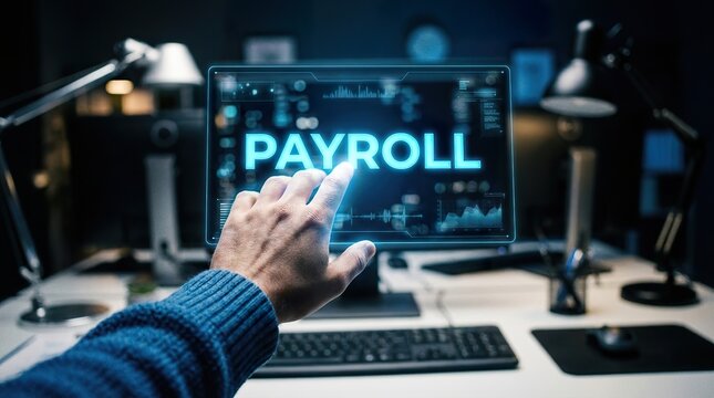Close up of hands typing on a keyboard with a computer screen displaying the word payroll in binary code