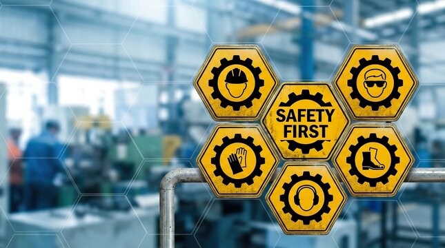 Important industrial workplace safety regulations and protective gear icons are visibly displayed on glass within a softly blurred factory setting