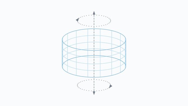 Blue Wireframe Cylinder Spinning on Dashed Axis