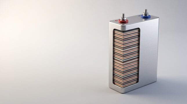 Prismatic lithium-ion battery cell cutaway showing electrode layers, EV battery technology