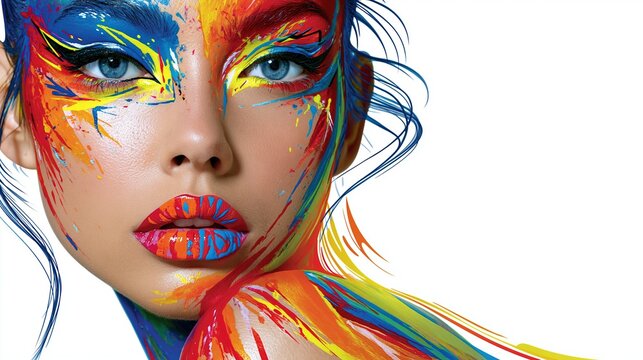 Striking beauty portrait covered in intense multicolor face paint with blue lips graphic eye makeup and sweeping color accents Concept of bold expression