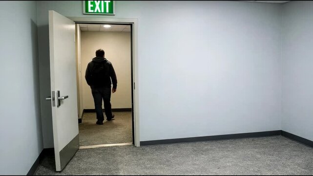 A person enters a room with an exit sign visible, providing a clear path out