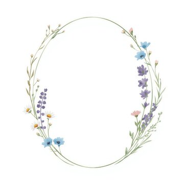 frame with flowers, Round floral wreath frame with blue cornflowers pink chamomile and green leaves on white background