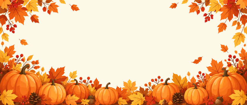Festive autumn banner with orange pumpkins and colorful fall leaves on a light background