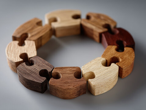Symbolic unity concept using multiple interlocking wooden puzzle pieces in different natural tones forming one complete circle, representing equality, Martin Luther King Jr. Day theme