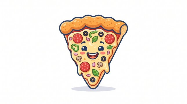 Cute kawaii pizza slice with big happy eyes, wide smile, pepperoni, olives, mushrooms, peppers, basil, melted cheese dripping, golden crust, cheerful cartoon food character.