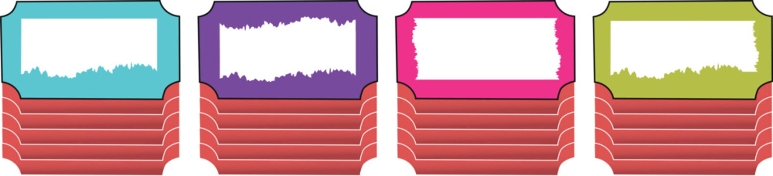 Colorful ticket stacks vector illustration with torn paper frames for event entry and promotional branding use