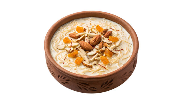 Delicious Indian seviyan kheer sweet dish garnished with nuts and apricots in rustic terra cotta bowl on dark background for Ramadan celebration and food photography