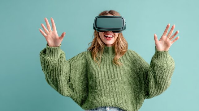 Smiling businesswoman in green sweater is wearing vr helmet. Digital interface in 3d glasses. Concept of future technology, interaction and entertainment playing game in virtual reality