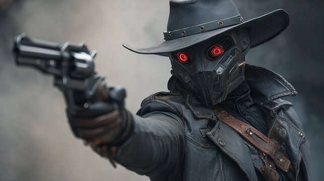 Cowboy in dark hat and glowing red goggles pointing revolver