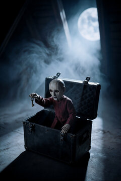 Creepy wooden puppet emerging from an open trunk and holding a vintage key. Scary doll in a dark smoky attic illuminated by moonlight. Horror and mystery concept