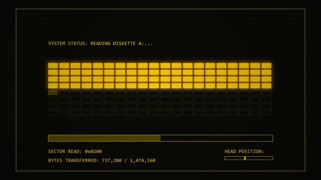 Retro Computer Loading Screen Reading Floppy Disk Data UI