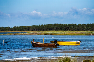 Wooden and yellow rowboats moored in shallow coastal water © René Dyhr