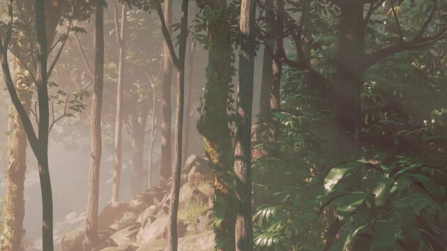 Early morning brings a soft mist to the vibrant forest. Sunlight gently breaks through the tall trees, illuminating the rich greenery and rocky paths that beckon exploration.