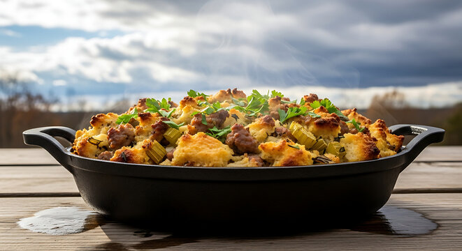 Steaming sausage and herb stuffing served in a cast iron skillet on wooden table