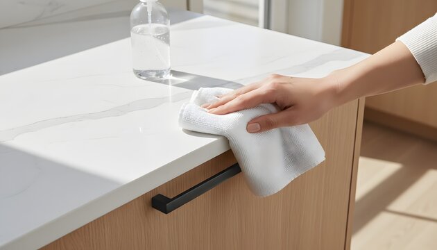 Close-up of woman disinfecting kitchen drawer handles and modern countertop surface using microfiber cloth for daily domestic hygiene and home sanitization concept