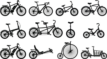 Collection of twelve black bicycle silhouettes including mountain, road, tandem, unicycle, tricycle, and cargo bikes on a white background © MD