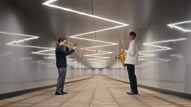 Caucasian young adult musicians playing saxophone and trombone inside modern pedestrian underpass. Footage suitable for youth arts campaigns and creative entertainment advertising