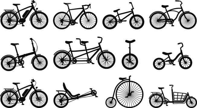 Collection of twelve black bicycle silhouettes including mountain, road, tandem, unicycle, tricycle, and cargo bikes on a white background