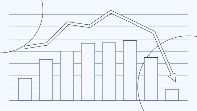 Business data graph with bar chart, line chart, and downward trend