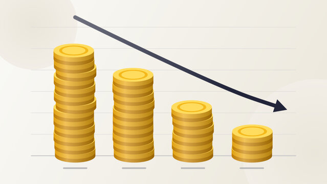 Decreasing gold coin stacks and downward arrow showing financial decline