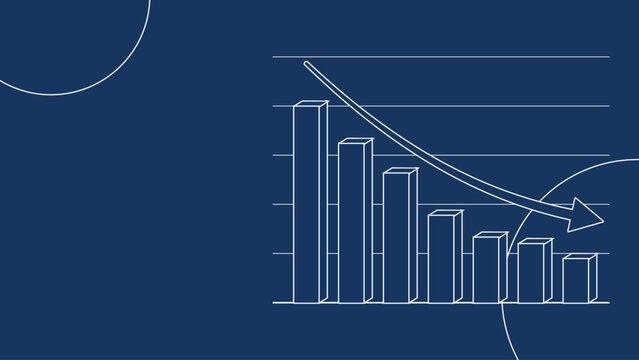 Declining bar graph with downward arrow on dark blue background