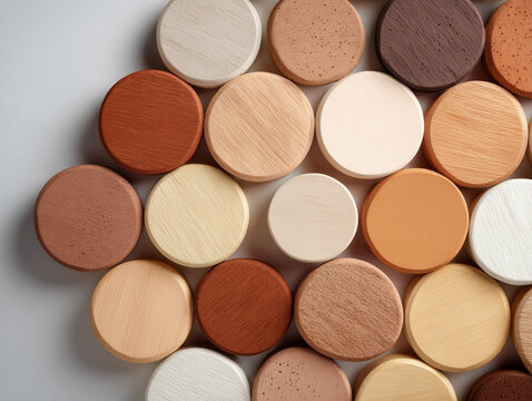 Collection of smooth wooden circles in many natural skin-tone-inspired colors arranged into one harmonious pattern, symbolic diversity, inclusion and equality, Martin Luther King Jr. Day concept