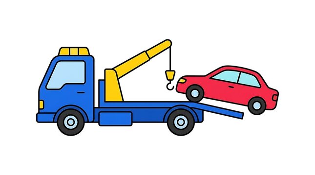 A colorful vector illustration depicts a tow truck transporting a red automobile on a white background