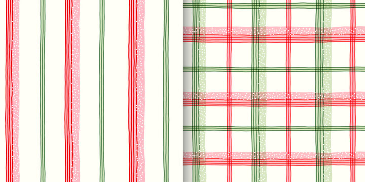 Hand drawn set of vertical stripes and plaid pattern. Cute seamless line prints for wallpaper, Christmas wrapping paper, nursery fabric, textile, holiday decorations.