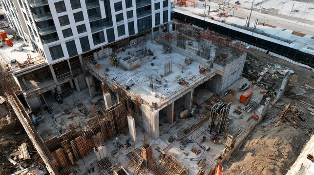 High Angle Drone View of Active Construction Site with Building Foundation and High Rise Background
