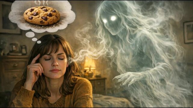 A woman sits in front of a cookie, deep in thought, with a thought bubble above her head