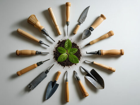 Multiple gardening tools arranged in a circular pattern around a young green plant, symbolic community service, cooperation and growth, Martin Luther King Jr. Day concept, warm natural lighting