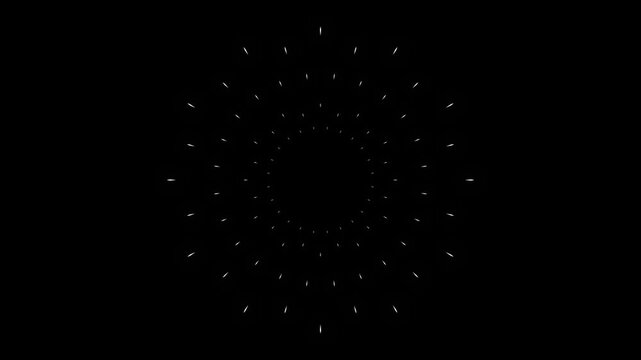 Modern fireworks circle blast animation featuring hand drawn doodle bursts, glowing geometric spark blast on transparent black screen background in 4k loop white line