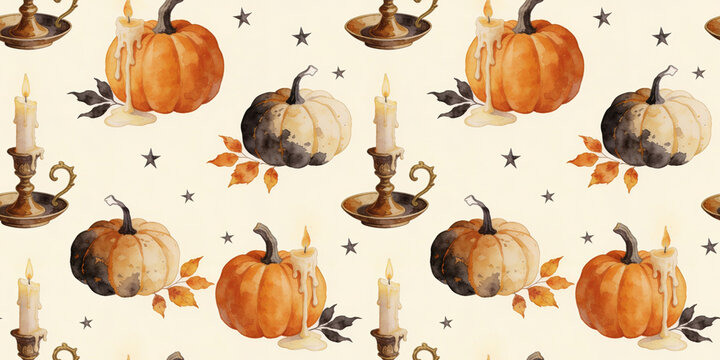 Watercolor Halloween seamless pattern with pumpkins and candles. Spooky holiday background with vintage candlesticks and stars
