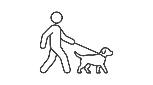 A person walking a dog is depicted in a simple black and white line drawing style
