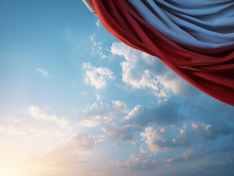 Vast peaceful blue sky with soft white clouds illuminated by sunrise, subtle American flag fabric entering from the corner, symbolic freedom, hope and equality, Martin Luther King Jr. Day concept