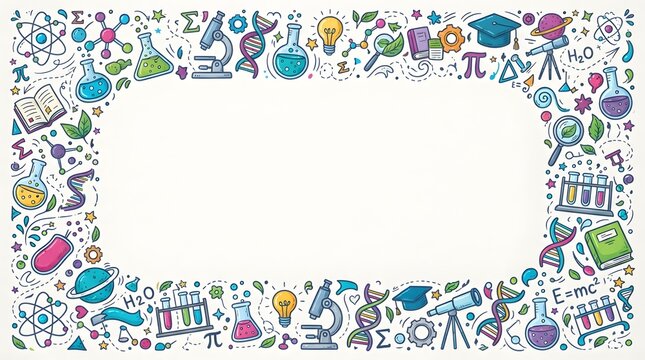 Colorful Science and Education Doodle Border with Mathematics, Laboratory, Technology, and Space Icons