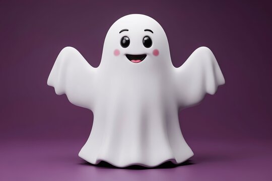 A cheerful white cartoon ghost with rosy cheeks and a wide smile stands against a solid purple background