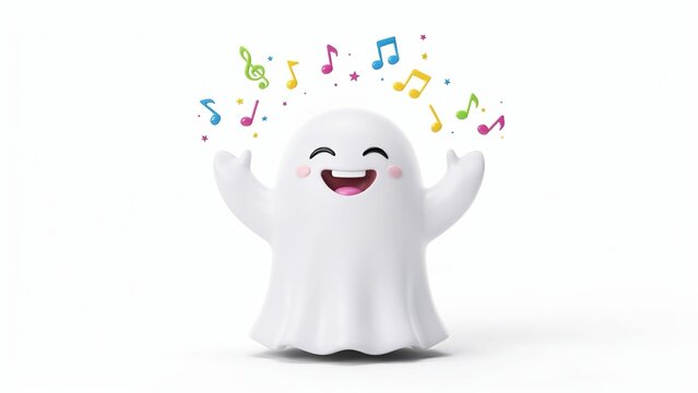 A cheerful white ghost character with a wide smile and rosy cheeks sings with colorful musical notes floating above its head on a white background