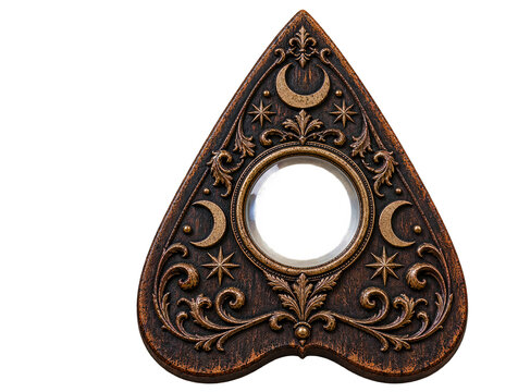 Ornate gothic planchette with moon and stars isolated on transparent background.