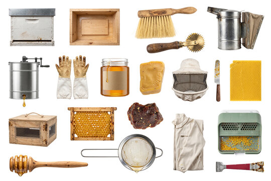 Professional beekeeper equipment concept and apiculture tools for organic honey production industry. Large set of various beekeeping items isolated on a transparent or white background.
