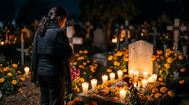 Woman visiting a candlelit grave in a cemetery at night. Traditional Day of the Dead remembrance and offering