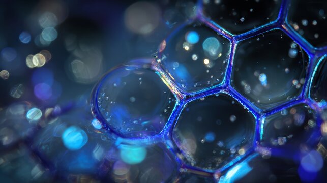 Colorful macro image showcasing luminous soap bubbles with a hexagonal pattern and sparkling reflections on a dark background