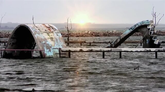 Abandoned Water Park Ruins Submerged by Lake, Epecuen, Argentina