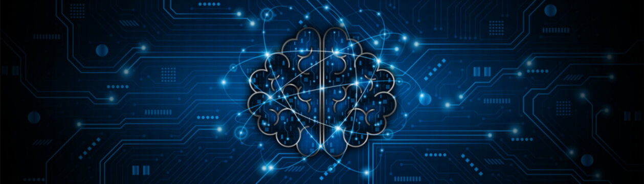 A high-tech digital brain icon on a blue electrical circuit background. Conceptual representation of intelligent automation, artificial neural networks, and intelligent technology systems.