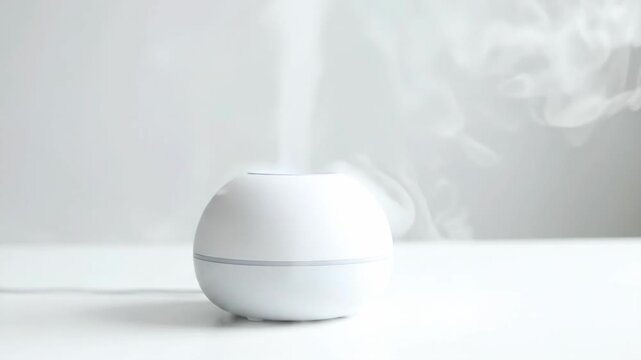 Aroma diffuser releasing fine mist into the air. Modern white humidifier on a clean white surface. Wellness and aromatherapy concept