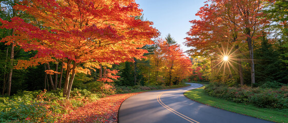 Fototapeta premium Panoramic view of winding road through vibrant autumn forest with sunburst and colorful leaves