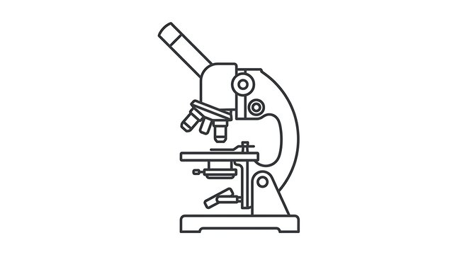 A detailed line drawing depicts a laboratory microscope against a plain white background science research biology