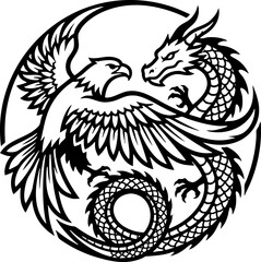 Fototapeta premium Eagle and Dragon Circular Emblem Line Art Illustration